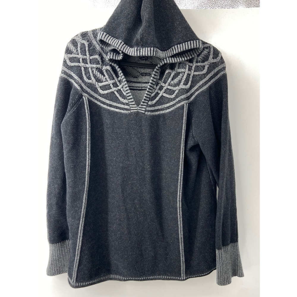 Eddie Bauer Sweater Hoodie Women 2XL Gray Intarsia Yoke Nordic Boho Pullover
